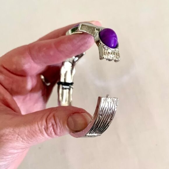 Silver Purple Hinged Cuff Bangle Bracelet Bold Oval Beads Antiqued Silvertone - Picture 6 of 6